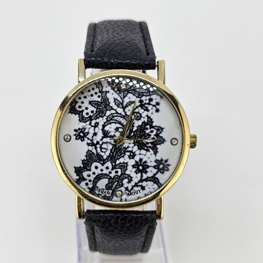 Flower Dial Women's Analog Watch 38MM Black Faux Leather Bands NEW Battery